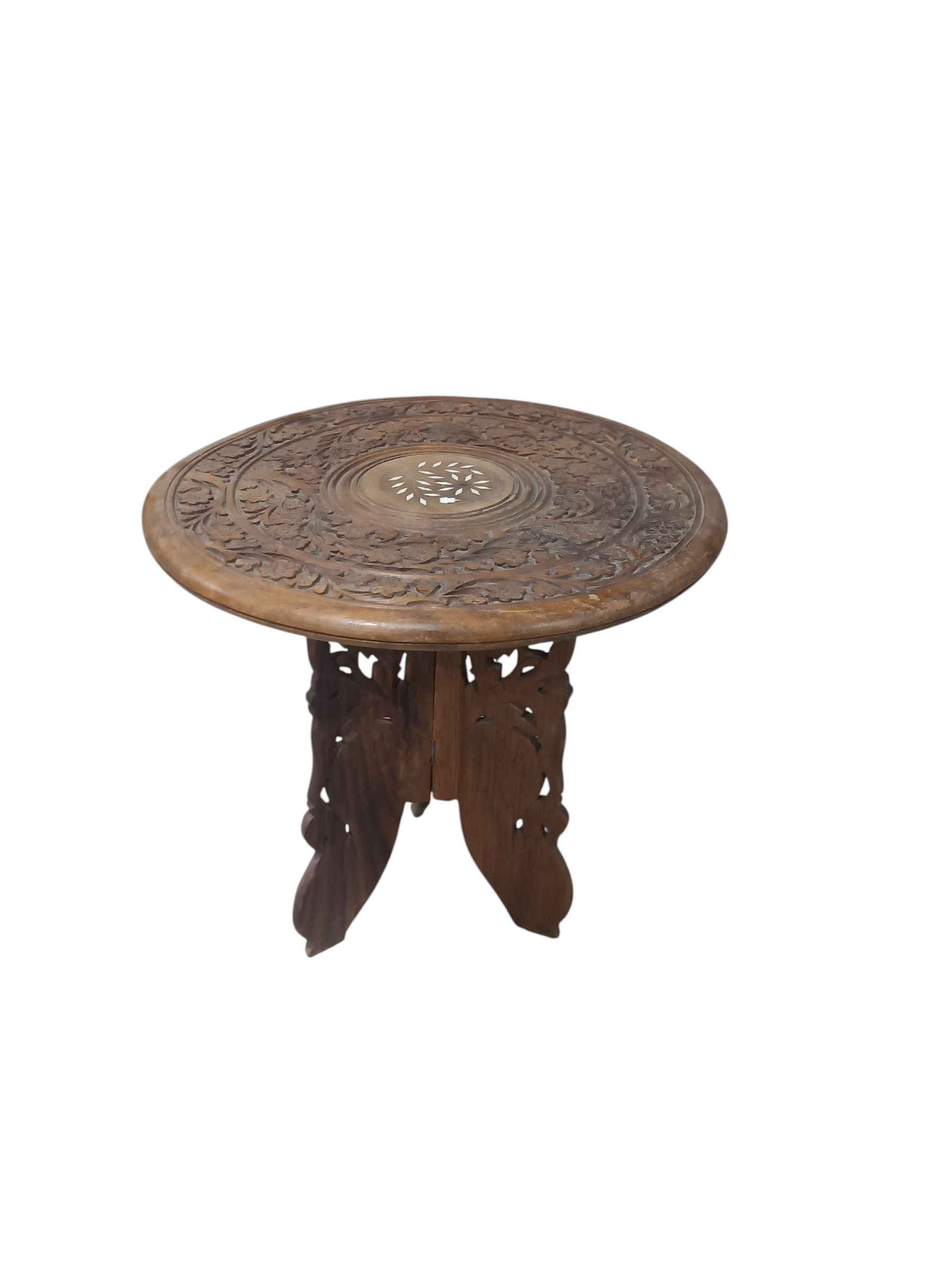 Mesa de centro artesanal de estilo oriental, de madera maciza redonda