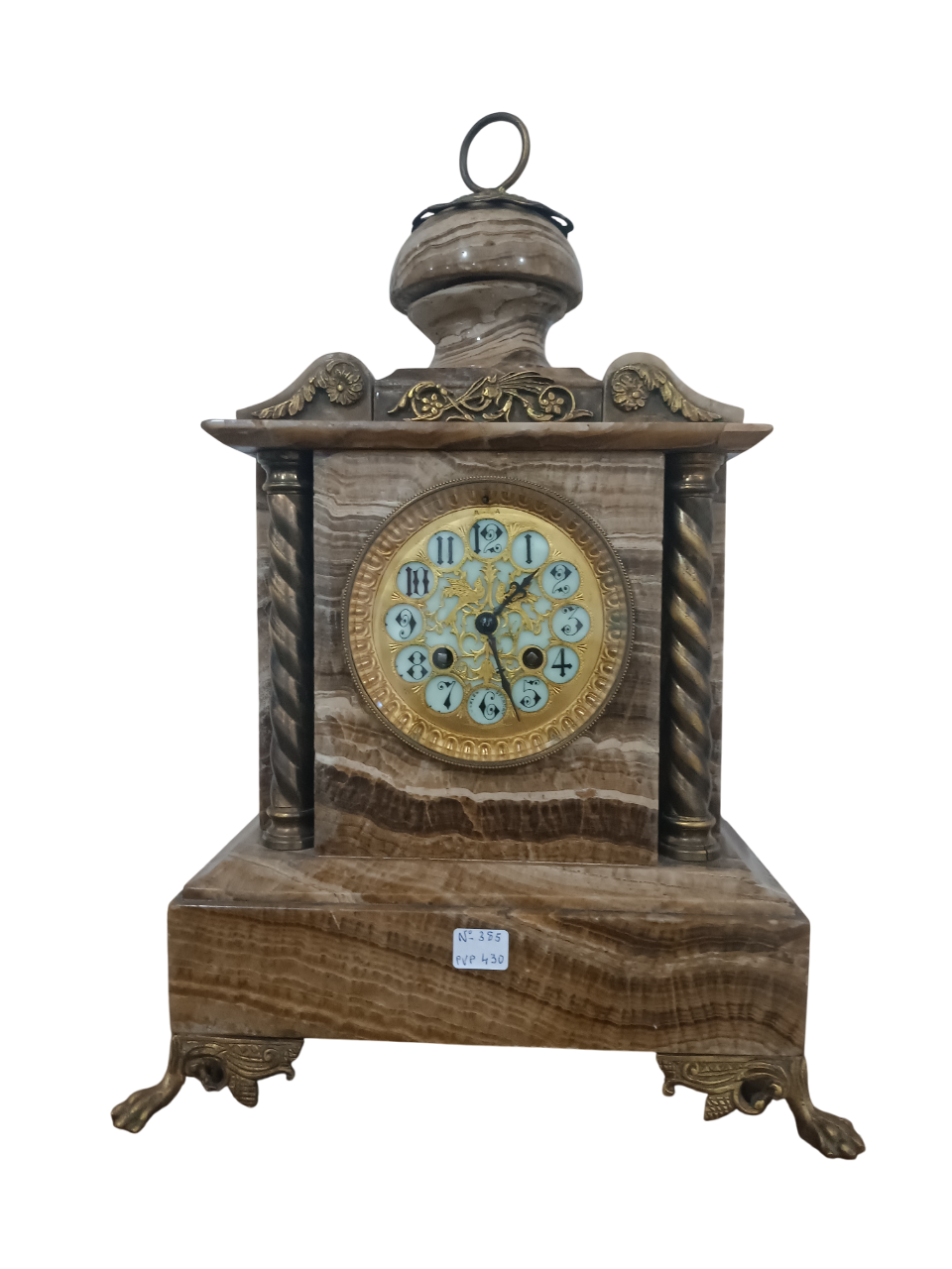 Reloj Antiguo de Ónix y Bronce – París S. XIX – Esfera Decorada y Columnas Salomónicas