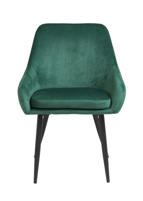 Silla tapizada verde con brazos y patas negras estilo moderno
