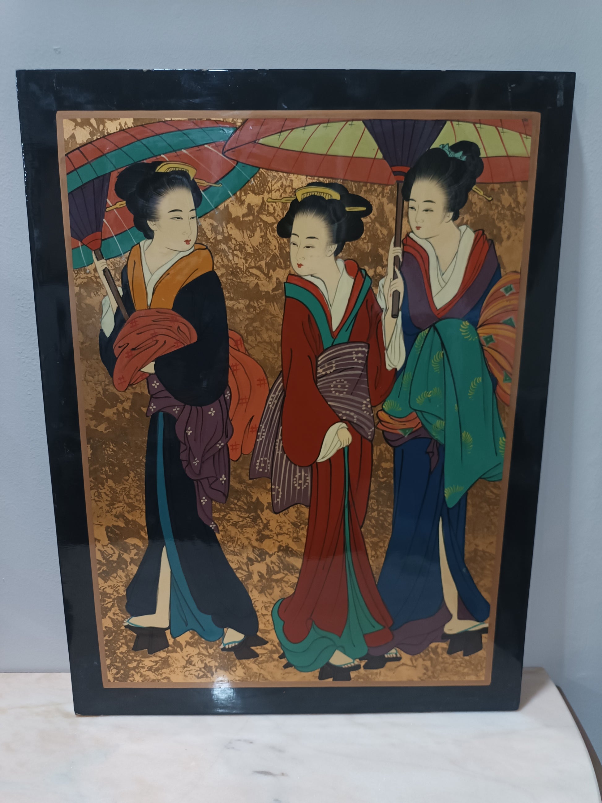 Cuadro japonés lacado con geisha sobre fondo dorado - Estilo Bijin-ga