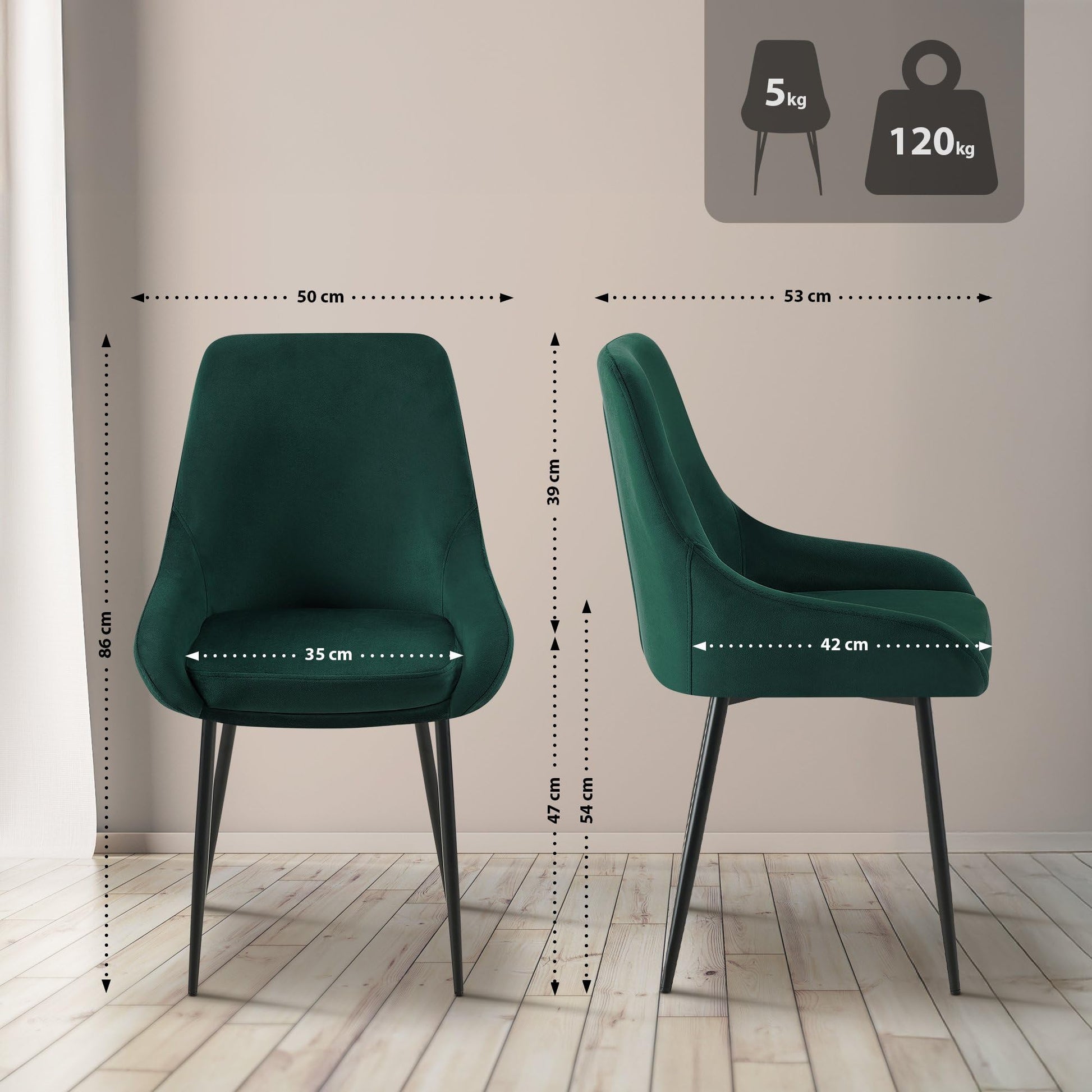 Silla tapizada verde con brazos y patas negras estilo moderno