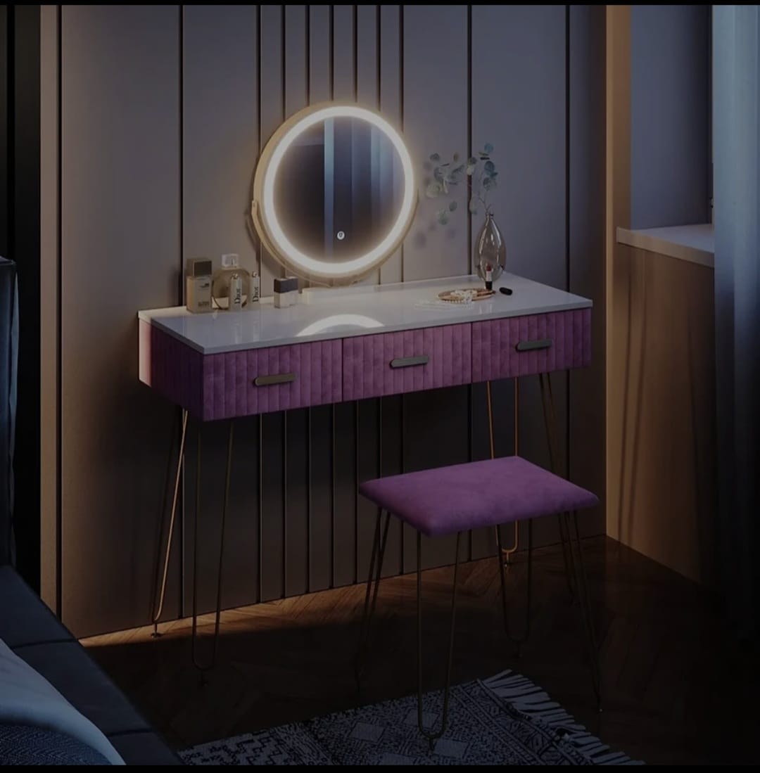 Tocador Maquillador con Espejo LED Redondo y Taburete – Diseño Moderno Rosa y Dorado con Cajones