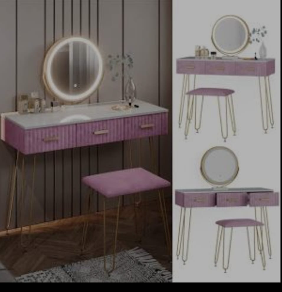 Tocador Maquillador con Espejo LED Redondo y Taburete – Diseño Moderno Rosa y Dorado con Cajones